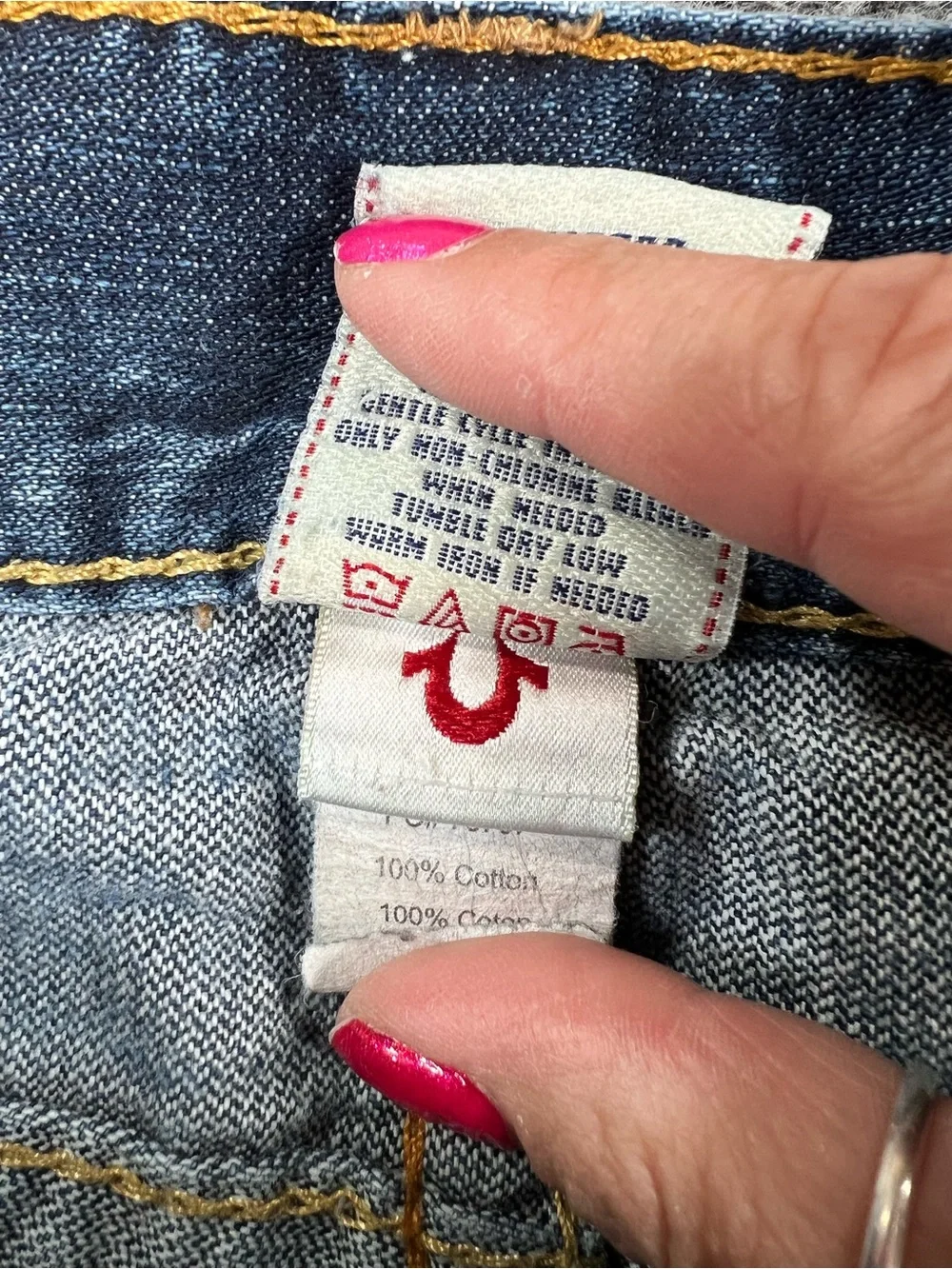 True Religion Dark Blue Denim Jeans with Yellow Contrast Stitching